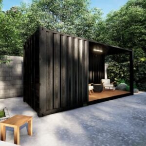 Containerpoolhouse met open terras en afgesloten ruimte