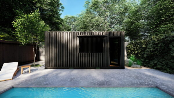 Container poolhouse met bar-achtige luifel voor zomerkeuken