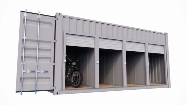 Motorfietsgarage met 4 plaatsen en 4 deuren in een container van 20 voet